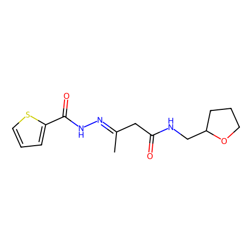 (3E)-N-(tetrahydrofuran-2-ylmethyl)-3-[2-(thiophen-2-ylcarbonyl)hydrazinylidene]butanamide structure