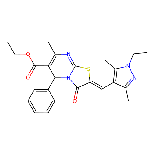 ethyl (2E)-2-[(1-ethyl-3,5-dimethyl-1H-pyrazol-4-yl)methylidene]-7-methyl-3-oxo-5-phenyl-2H,3H,5H-[1,3]thiazolo[3,2-a]pyrimidine-6-carboxylate structure
