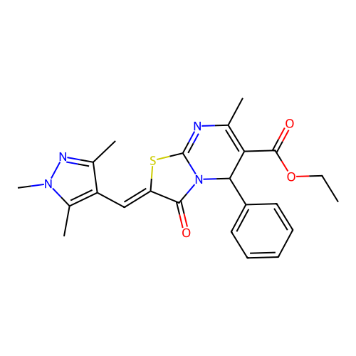 ethyl (2E)-7-methyl-3-oxo-5-phenyl-2-[(1,3,5-trimethyl-1H-pyrazol-4-yl)methylidene]-2H,3H,5H-[1,3]thiazolo[3,2-a]pyrimidine-6-carboxylate structure
