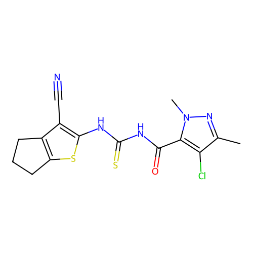 4-chloro-N-[(3-cyano-5,6-dihydro-4H-cyclopenta[b]thiophen-2-yl)carbamothioyl]-2,5-dimethylpyrazole-3-carboxamide structure