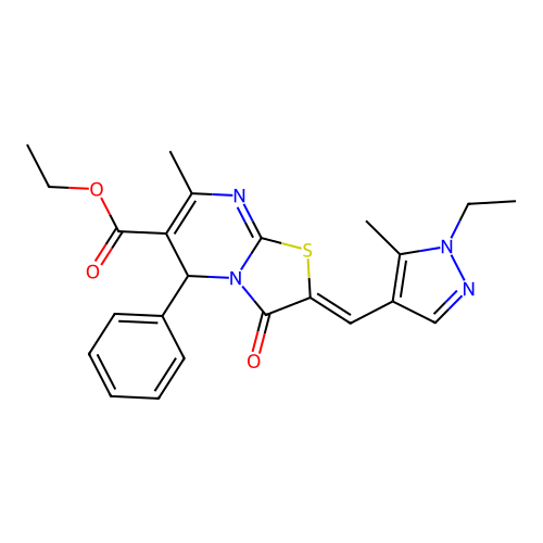 ethyl (2E)-2-[(1-ethyl-5-methyl-1H-pyrazol-4-yl)methylidene]-7-methyl-3-oxo-5-phenyl-2H,3H,5H-[1,3]thiazolo[3,2-a]pyrimidine-6-carboxylate structure