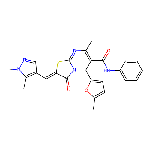 (2E)-2-[(1,5-dimethyl-1H-pyrazol-4-yl)methylidene]-7-methyl-5-(5-methylfuran-2-yl)-3-oxo-N-phenyl-2H,3H,5H-[1,3]thiazolo[3,2-a]pyrimidine-6-carboxamide structure