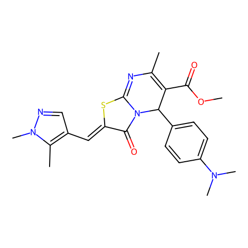 methyl (2E)-2-[(1,5-dimethyl-1H-pyrazol-4-yl)methylidene]-5-[4-(dimethylamino)phenyl]-7-methyl-3-oxo-2H,3H,5H-[1,3]thiazolo[3,2-a]pyrimidine-6-carboxylate structure