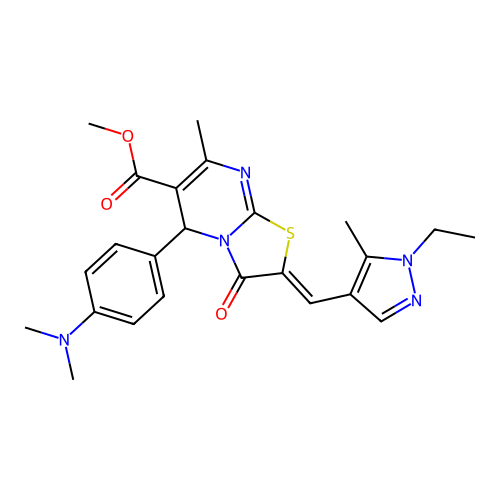methyl (2E)-5-[4-(dimethylamino)phenyl]-2-[(1-ethyl-5-methyl-1H-pyrazol-4-yl)methylidene]-7-methyl-3-oxo-2H,3H,5H-[1,3]thiazolo[3,2-a]pyrimidine-6-carboxylate structure