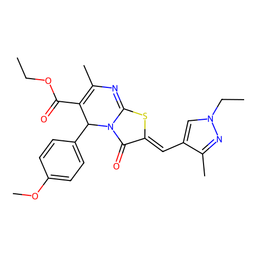 ethyl (2E)-2-[(1-ethyl-3-methyl-1H-pyrazol-4-yl)methylidene]-5-(4-methoxyphenyl)-7-methyl-3-oxo-2H,3H,5H-[1,3]thiazolo[3,2-a]pyrimidine-6-carboxylate structure
