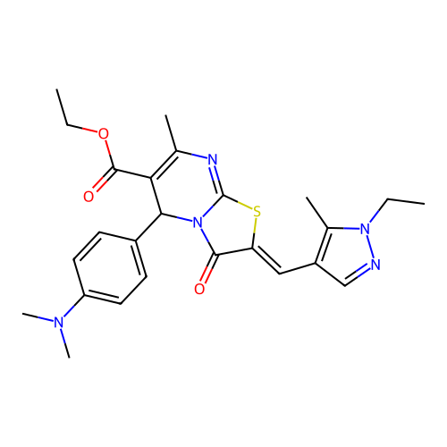 ethyl (2E)-5-[4-(dimethylamino)phenyl]-2-[(1-ethyl-5-methyl-1H-pyrazol-4-yl)methylidene]-7-methyl-3-oxo-2H,3H,5H-[1,3]thiazolo[3,2-a]pyrimidine-6-carboxylate structure