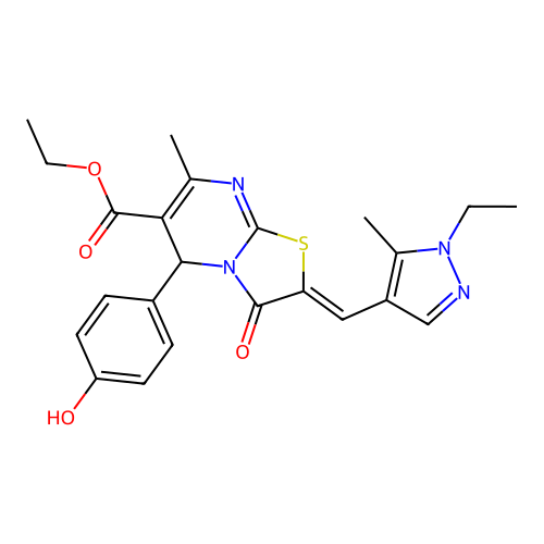 ethyl (2E)-2-[(1-ethyl-5-methyl-1H-pyrazol-4-yl)methylidene]-5-(4-hydroxyphenyl)-7-methyl-3-oxo-2H,3H,5H-[1,3]thiazolo[3,2-a]pyrimidine-6-carboxylate structure