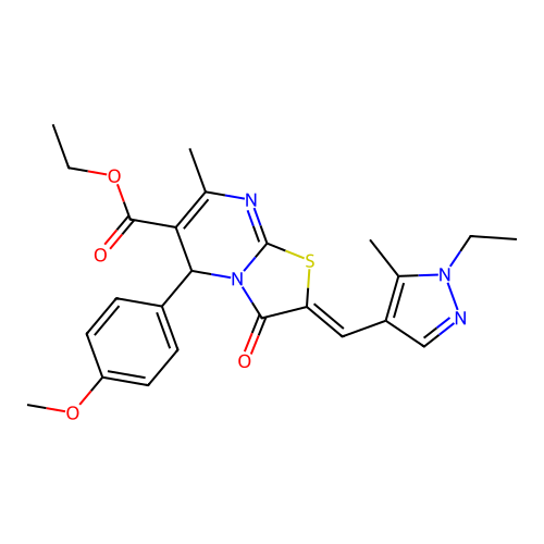 ethyl (2E)-2-[(1-ethyl-5-methyl-1H-pyrazol-4-yl)methylidene]-5-(4-methoxyphenyl)-7-methyl-3-oxo-2H,3H,5H-[1,3]thiazolo[3,2-a]pyrimidine-6-carboxylate structure