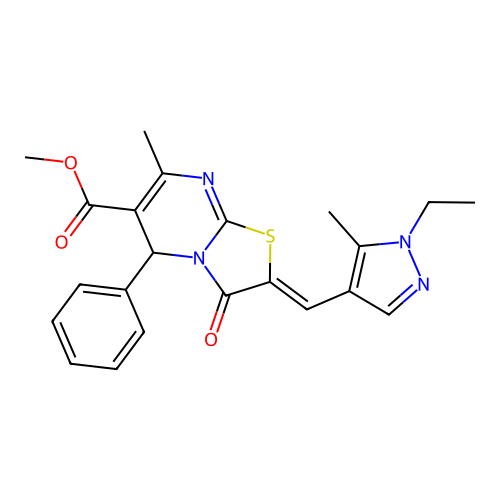 methyl (2E)-2-[(1-ethyl-5-methyl-1H-pyrazol-4-yl)methylidene]-7-methyl-3-oxo-5-phenyl-2H,3H,5H-[1,3]thiazolo[3,2-a]pyrimidine-6-carboxylate structure