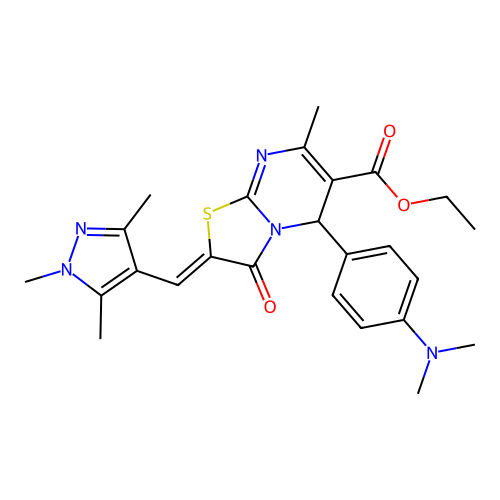 ethyl (2E)-5-[4-(dimethylamino)phenyl]-7-methyl-3-oxo-2-[(1,3,5-trimethyl-1H-pyrazol-4-yl)methylidene]-2H,3H,5H-[1,3]thiazolo[3,2-a]pyrimidine-6-carboxylate structure