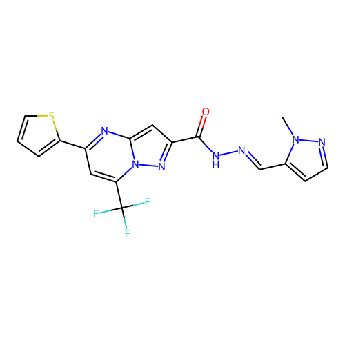 N-[(E)-(2-methylpyrazol-3-yl)methylideneamino]-5-thiophen-2-yl-7-(trifluoromethyl)pyrazolo[1,5-a]pyrimidine-2-carboxamide structure