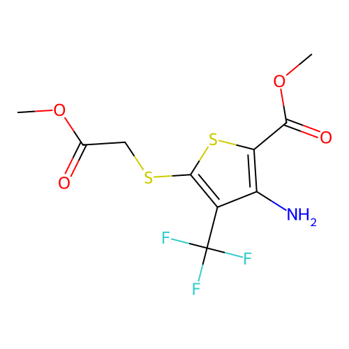 methyl 3-amino-5-((2-methoxy-2-oxoethyl)thio)-4-(trifluoromethyl)thiophene-2-carboxylate structure