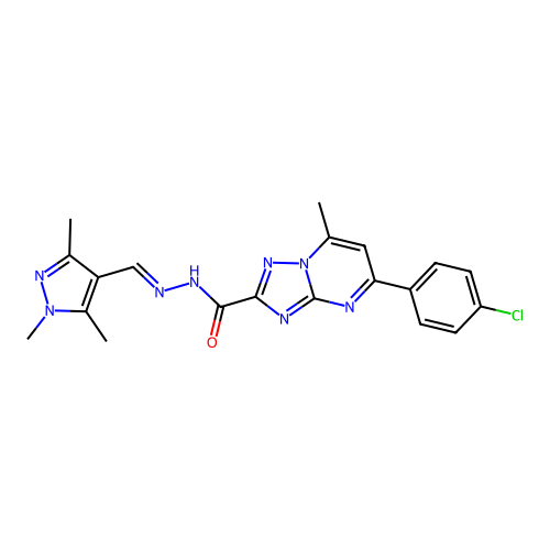 5-(4-chlorophenyl)-7-methyl-N-[(E)-(1,3,5-trimethylpyrazol-4-yl)methylideneamino]-[1,2,4]triazolo[1,5-a]pyrimidine-2-carboxamide structure