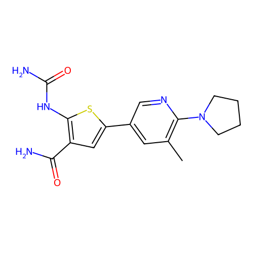 2-[(Aminocarbonyl)amino]-5-[5-methyl-6-(1-pyrrolidinyl)-3-pyridinyl]-3-thiophenecarboxamide structure