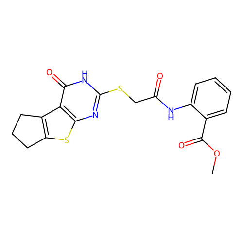 methyl 2-[2-(4-oxo-3,5,6,7-tetrahydrocyclopenta[1,2-d]pyrimidino[4,5-b]thiophe n-2-ylthio)acetylamino]benzoate structure