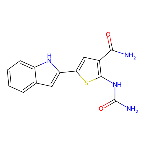 2-(carbamoylamino)-5-(1H-indol-2-yl)thiophene-3-carboxamide structure
