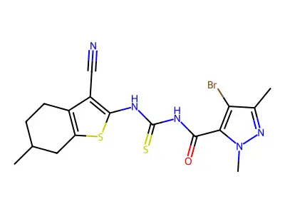 4-bromo-N-[(3-cyano-6-methyl-4,5,6,7-tetrahydro-1-benzothiophen-2-yl)carbamothioyl]-2,5-dimethylpyrazole-3-carboxamide structure