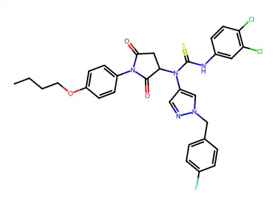 1-[1-(4-butoxyphenyl)-2,5-dioxopyrrolidin-3-yl]-3-(3,4-dichlorophenyl)-1-[1-[(4-fluorophenyl)methyl]pyrazol-4-yl]thiourea structure