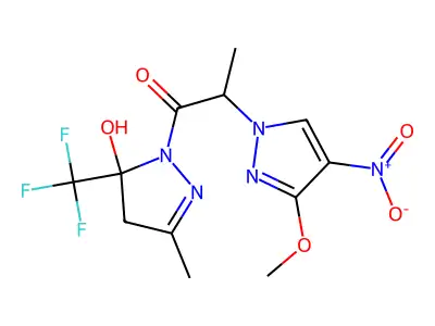 1-[5-hydroxy-3-methyl-5-(trifluoromethyl)-4H-pyrazol-1-yl]-2-(3-methoxy-4-nitropyrazol-1-yl)propan-1-one structure