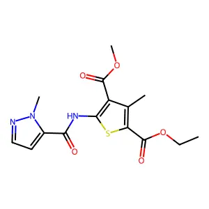 2-ethyl 4-methyl 3-methyl-5-{[(1-methyl-1H-pyrazol-5-yl)carbonyl]amino}-2,4-thiophenedicarboxylate structure