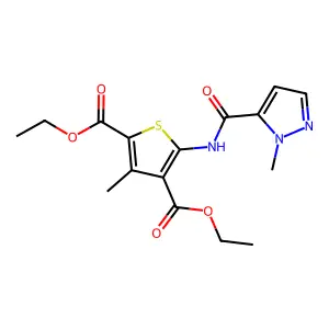 diethyl 3-methyl-5-(1-methyl-1H-pyrazole-5-carboxamido)thiophene-2,4-dicarboxylate structure