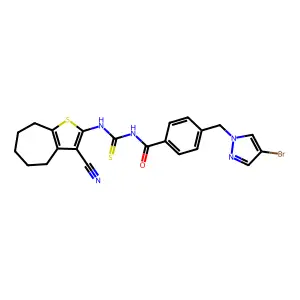 4-[(4-bromopyrazol-1-yl)methyl]-N-[(3-cyano-5,6,7,8-tetrahydro-4H-cyclohepta[b]thiophen-2-yl)carbamothioyl]benzamide structure