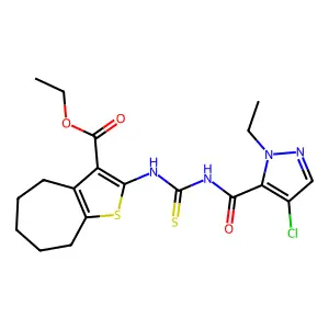 ethyl 2-({[(4-chloro-1-ethyl-1H-pyrazol-5-yl)carbonyl]carbamothioyl}amino)-5,6,7,8-tetrahydro-4H-cyclohepta[b]thiophene-3-carboxylate structure