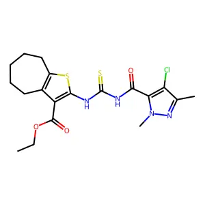 ethyl 2-({[(4-chloro-1,3-dimethyl-1H-pyrazol-5-yl)carbonyl]carbamothioyl}amino)-5,6,7,8-tetrahydro-4H-cyclohepta[b]thiophene-3-carboxylate structure