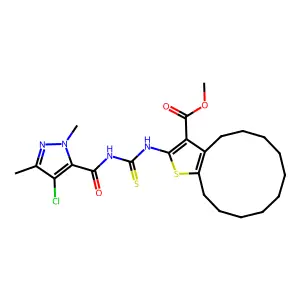methyl 2-({[(4-chloro-1,3-dimethyl-1H-pyrazol-5-yl)carbonyl]carbamothioyl}amino)-4,5,6,7,8,9,10,11,12,13-decahydrocyclododeca[b]thiophene-3-carboxylate structure