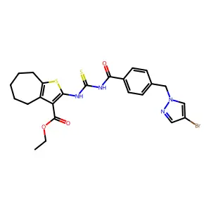 ethyl 2-{[({4-[(4-bromo-1H-pyrazol-1-yl)methyl]benzoyl}amino)carbothioyl]amino}-5,6,7,8-tetrahydro-4H-cyclohepta[b]thiophene-3-carboxylate structure