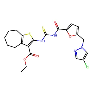 ethyl 2-{[({5-[(4-chloro-1H-pyrazol-1-yl)methyl]-2-furoyl}amino)carbothioyl]amino}-5,6,7,8-tetrahydro-4H-cyclohepta[b]thiophene-3-carboxylate structure