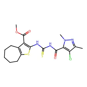 methyl 2-({[(4-chloro-1,3-dimethyl-1H-pyrazol-5-yl)carbonyl]carbamothioyl}amino)-5,6,7,8-tetrahydro-4H-cyclohepta[b]thiophene-3-carboxylate structure