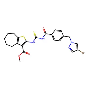 methyl 2-[[4-[(4-bromopyrazol-1-yl)methyl]benzoyl]carbamothioylamino]-5,6,7,8-tetrahydro-4H-cyclohepta[b]thiophene-3-carboxylate structure