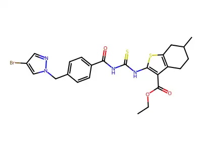 ethyl 2-{[({4-[(4-bromo-1H-pyrazol-1-yl)methyl]benzoyl}amino)carbothioyl]amino}-6-methyl-4,5,6,7-tetrahydro-1-benzothiophene-3-carboxylate structure