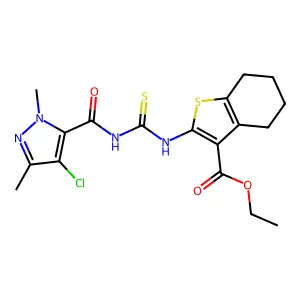 ethyl 2-({[(4-chloro-1,3-dimethyl-1H-pyrazol-5-yl)carbonyl]carbamothioyl}amino)-4,5,6,7-tetrahydro-1-benzothiophene-3-carboxylate structure