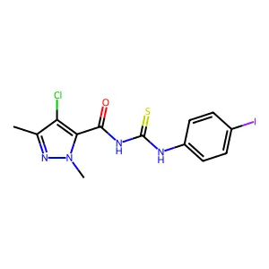 4-chloro-N-[(4-iodophenyl)carbamothioyl]-2,5-dimethylpyrazole-3-carboxamide structure