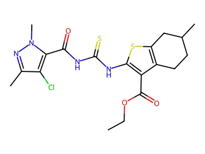 ethyl 2-[({[(4-chloro-1,3-dimethyl-1H-pyrazol-5-yl)carbonyl]amino}carbothioyl)amino]-6-methyl-4,5,6,7-tetrahydro-1-benzothiophene-3-carboxylate structure