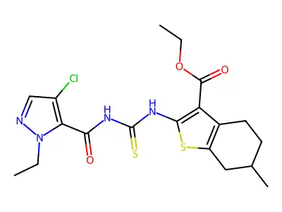 ethyl 2-({[(4-chloro-1-ethyl-1H-pyrazol-5-yl)carbonyl]carbamothioyl}amino)-6-methyl-4,5,6,7-tetrahydro-1-benzothiophene-3-carboxylate structure
