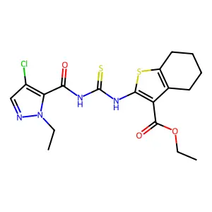 ethyl 2-[({[(4-chloro-1-ethyl-1H-pyrazol-5-yl)carbonyl]amino}carbothioyl)amino]-4,5,6,7-tetrahydro-1-benzothiophene-3-carboxylate structure