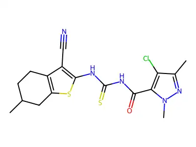 4-chloro-N-[(3-cyano-6-methyl-4,5,6,7-tetrahydro-1-benzothiophen-2-yl)carbamothioyl]-2,5-dimethylpyrazole-3-carboxamide structure