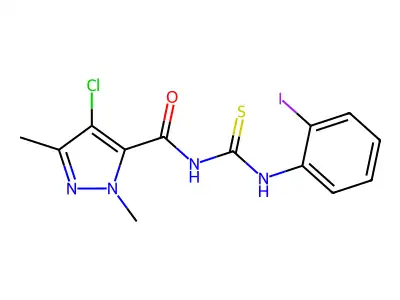 4-chloro-N-[(2-iodophenyl)carbamothioyl]-2,5-dimethylpyrazole-3-carboxamide structure