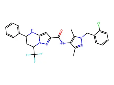 N-[1-(2-chlorobenzyl)-3,5-dimethyl-1H-pyrazol-4-yl]-5-phenyl-7-(trifluoromethyl)-4,5,6,7-tetrahydropyrazolo[1,5-a]pyrimidine-2-carboxamide structure