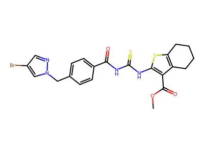 methyl 2-[[4-[(4-bromopyrazol-1-yl)methyl]benzoyl]carbamothioylamino]-4,5,6,7-tetrahydro-1-benzothiophene-3-carboxylate structure