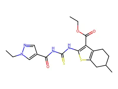 ethyl 2-[({[(1-ethyl-1H-pyrazol-4-yl)carbonyl]amino}carbothioyl)amino]-6-methyl-4,5,6,7-tetrahydro-1-benzothiophene-3-carboxylate structure