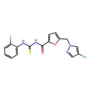 5-[(4-chloropyrazol-1-yl)methyl]-N-[(2-iodophenyl)carbamothioyl]furan-2-carboxamide structure