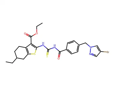 ethyl 2-{[({4-[(4-bromo-1H-pyrazol-1-yl)methyl]benzoyl}amino)carbothioyl]amino}-6-ethyl-4,5,6,7-tetrahydro-1-benzothiophene-3-carboxylate structure