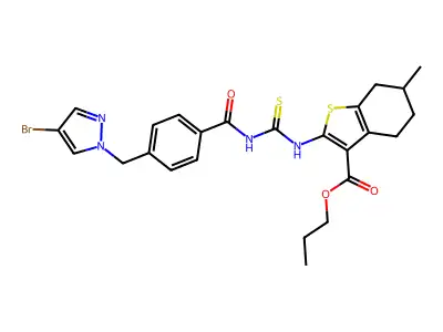 propyl 2-{[({4-[(4-bromo-1H-pyrazol-1-yl)methyl]benzoyl}amino)carbothioyl]amino}-6-methyl-4,5,6,7-tetrahydro-1-benzothiophene-3-carboxylate structure