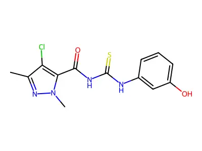 4-chloro-N-[(3-hydroxyphenyl)carbamothioyl]-2,5-dimethylpyrazole-3-carboxamide structure