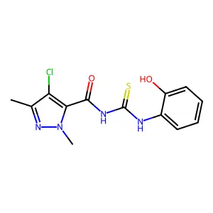 N-[(4-chloro-1,3-dimethyl-1H-pyrazol-5-yl)carbonyl]-N'-(2-hydroxyphenyl)thiourea structure