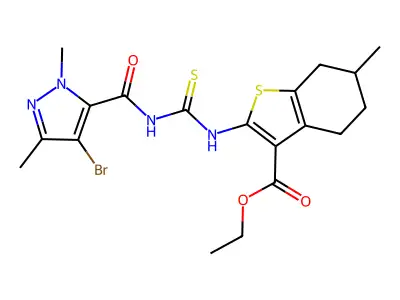 ethyl 2-({[(4-bromo-1,3-dimethyl-1H-pyrazol-5-yl)carbonyl]carbamothioyl}amino)-6-methyl-4,5,6,7-tetrahydro-1-benzothiophene-3-carboxylate structure